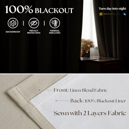 Cream Beige Pleated Linen Blackout Curtains 100 Inches Long for Bedroom (Cream Beige / 50"W x 100"L (Pack of 2))