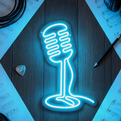 Microphone Neon Sign Podcast Music Studio Wall Accent‑Ice Blue (Microphone-Ice Blue)