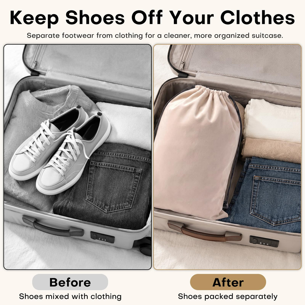 4 Pack Velvet Cloth Shoe Bags for Travel & Packing for Women & Men (Camel Beige)