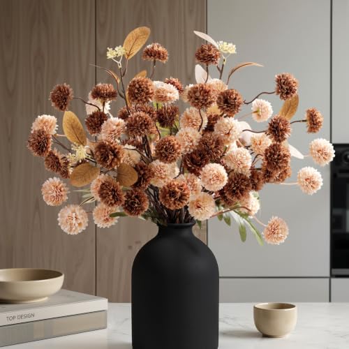16 PCS Silk Mums Artificial Fall Flowers with Eucalyptus for Vase (Beige Brown)