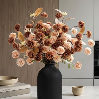 16 PCS Silk Mums Artificial Fall Flowers with Eucalyptus for Vase (Beige Brown)