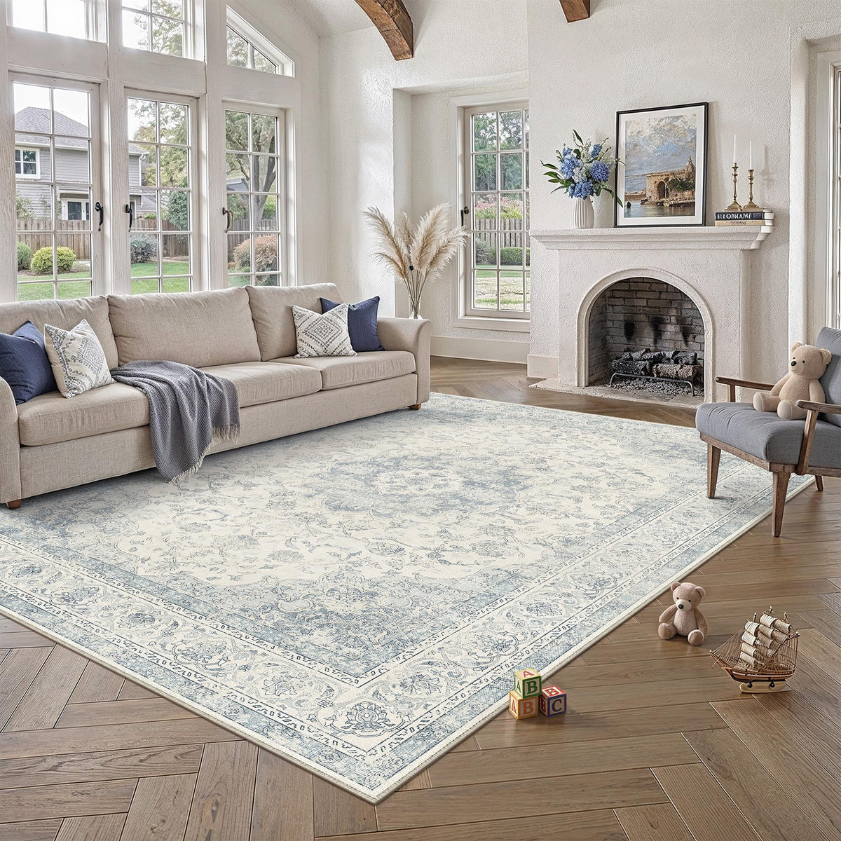 5x7 Blue Washable Area Rug Non Slip Vintage Carpet (Vintage | Blue / 5' x 7' (Rectangular))