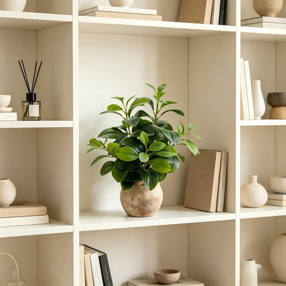 Fake Faux Potted Plant Ficus Ceramic Pot Rustic Home Decor (Green Fig Leaf Plant 17" H)
