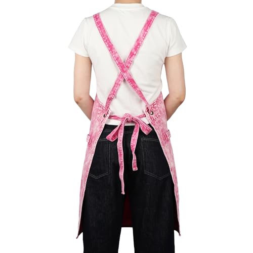Denim Apron with Pockets and Adjustable Cross Straps for Hair Stylist Salon Nail Tech Barber Women Jean Aprons (Pink)