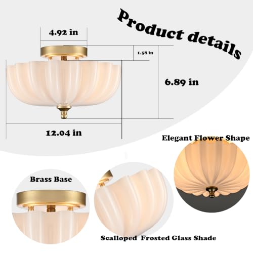 Modern Brass Semi Flush Mount Ceiling Light with Milky Glass Shade
