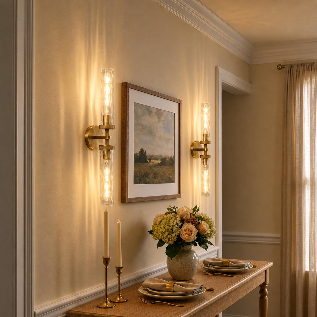 24in Bathroom Sconces with Water Ripple Glass (Brass / 24in-2PK)