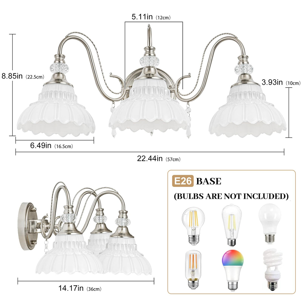 Brushed Nickel Bathroom Vanity Light (Nickel and White / 3-Light)