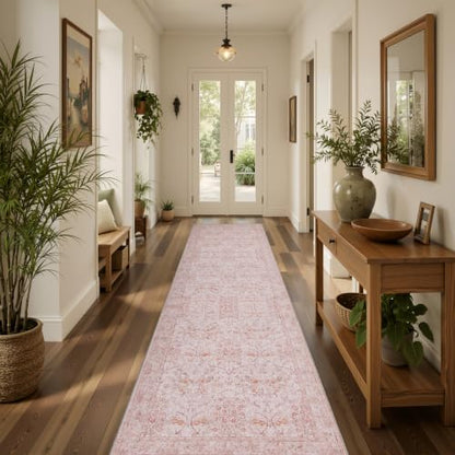 Runner Rug 2x8 Washable Vintage Floral Rug (Blush Pink / 2' x 8' (Rectangular))