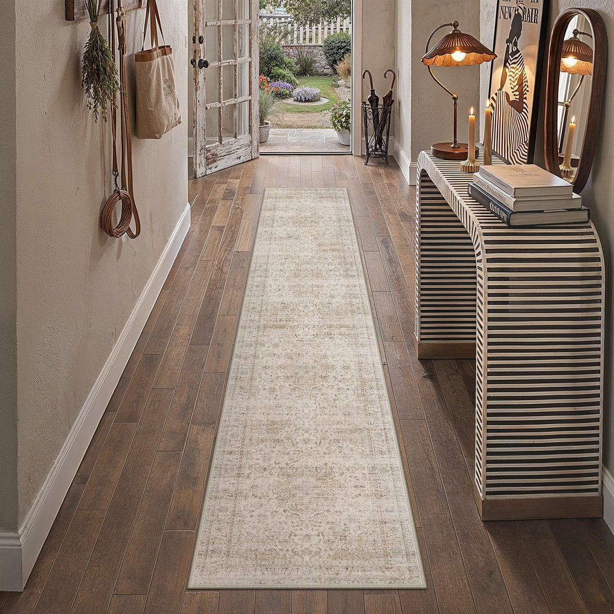 2x10 Washable Runner Rug Beige Vintage Rug for Hallway (Light Beige / 2' x 10' (Runner))