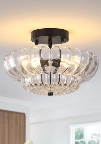 Vintage Black Close to Ceiling Light Fixture with Glass Shade