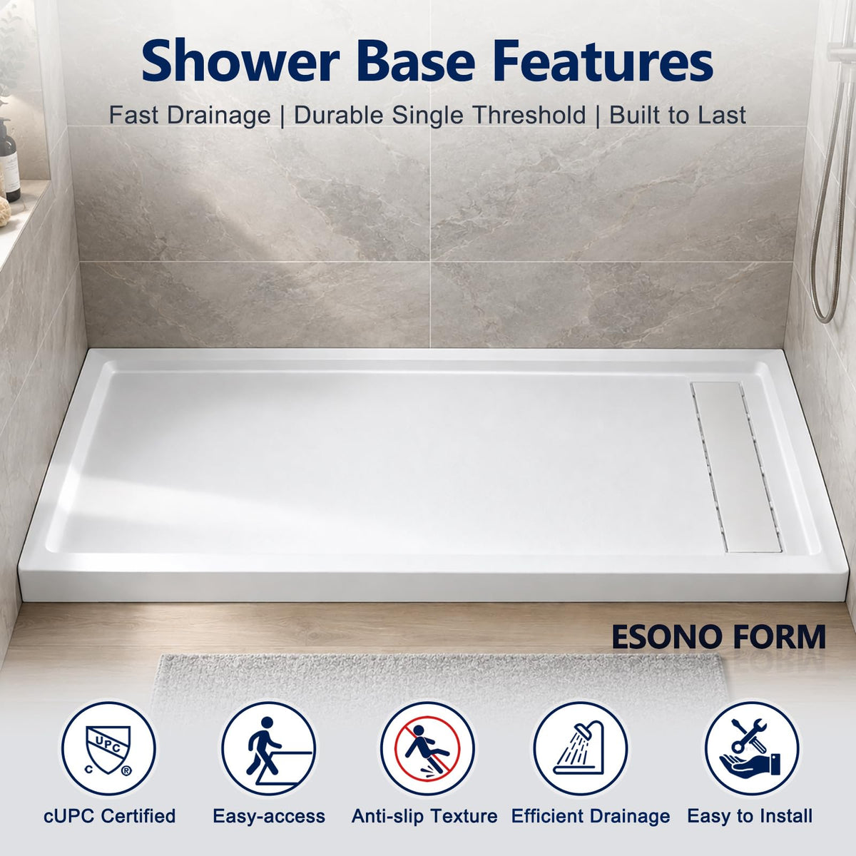 60"L x 30"W Shower Base with Right Drain