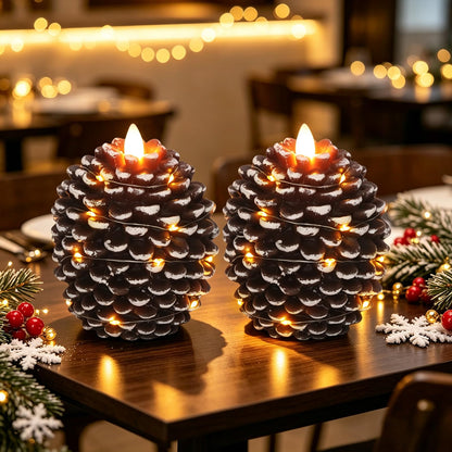Pine Cone Flameless Candles with 6H Timer String Lights (2-White with string)