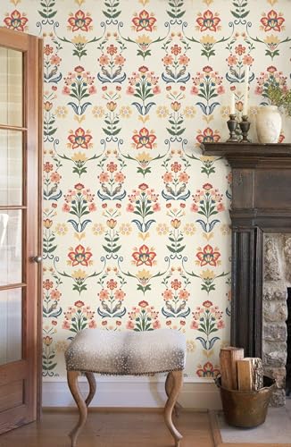 Boho Peel and Stick Wallpaper Vintage Floral Wallpaper (17.3" x 196.8" / Red/Yellow)