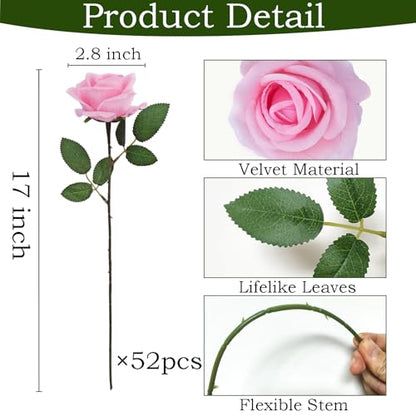 50Pcs Pink Roses Artificial Flowers with Stems (Pink / 50Pcs)