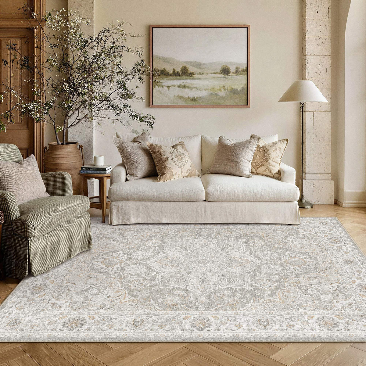 Grey Beige 5x7 Washable Area Rugs Vintage Indoor Carpet (E| Grey Beige / 5' x 7' (Rectangular))