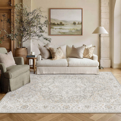 Grey Beige 5x7 Washable Area Rugs Vintage Indoor Carpet (E| Grey Beige / 5' x 7' (Rectangular))