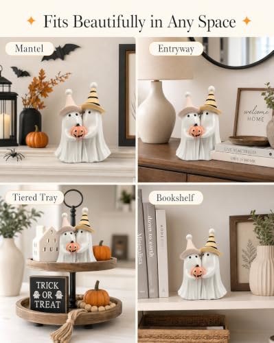 Spooky Cute Halloween Ghost Holding Pink Pumpkin Figurine (White Ghost Duo)