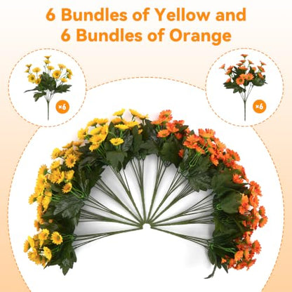 12 Bundles Fake Dasiy Artificial Mums Flowers for Outdoors Decoration (Yellow and Orange)