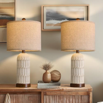Table Lamp Set of 2 for Bedroom Living Room with USB A+C Charging Ports Modern Farmhouse Bedside End Lamps Rustic Nightstand Lamps