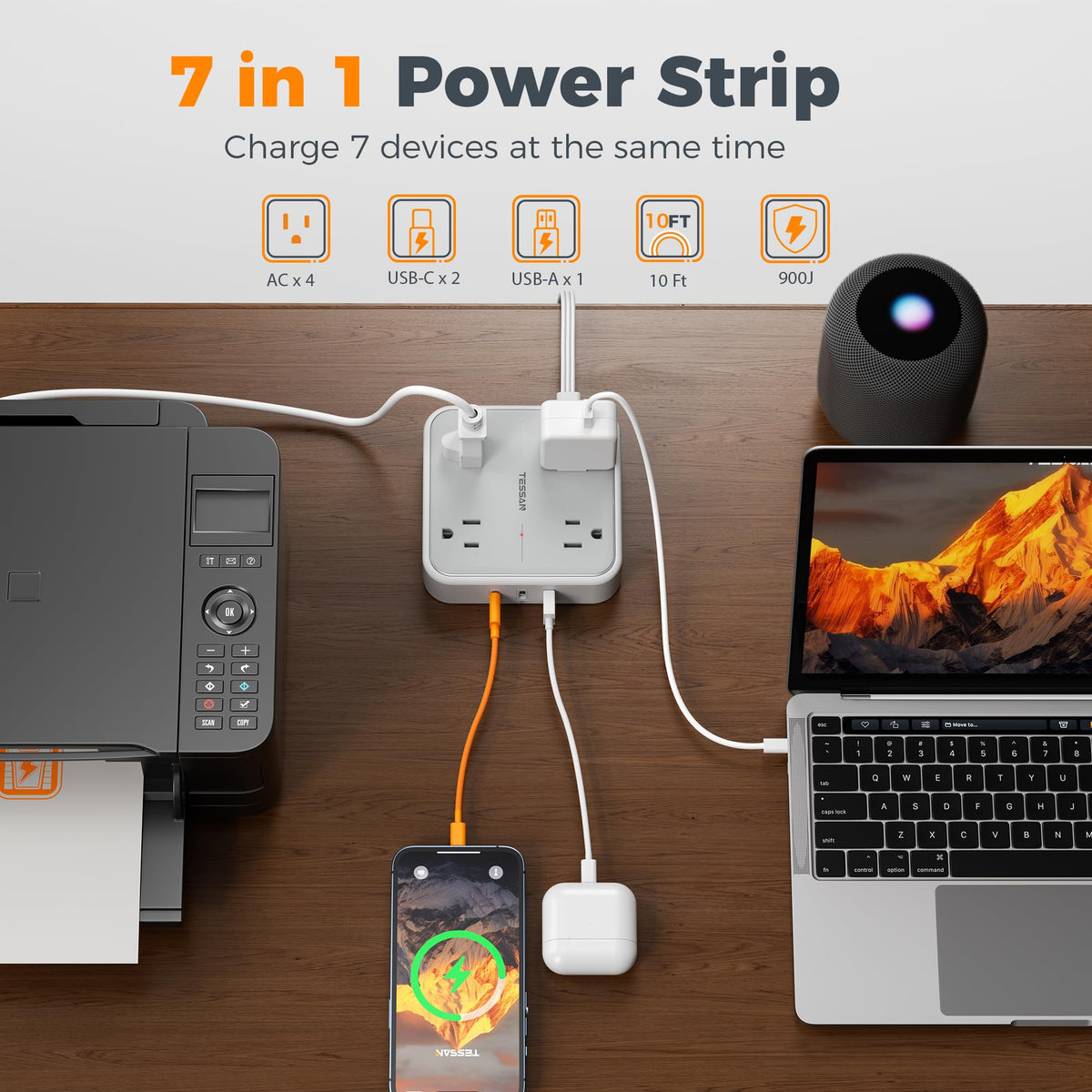 Surge Protector Flat Extension Cord 10Ft (10 FT(2 USB-C) / Grey & Surge Protector 20W PD)