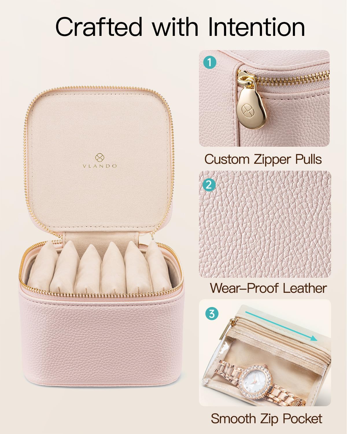 Travel Jewelry Organizer Case with 6 Clear Velvet Zipper Pouches (F.6 PCS Pink)