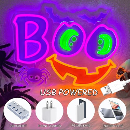 Halloween Neon Sign Dimmable Boo Spooky Smile Led Neon Signs for Wall Decor (Multicolor-BOO b)