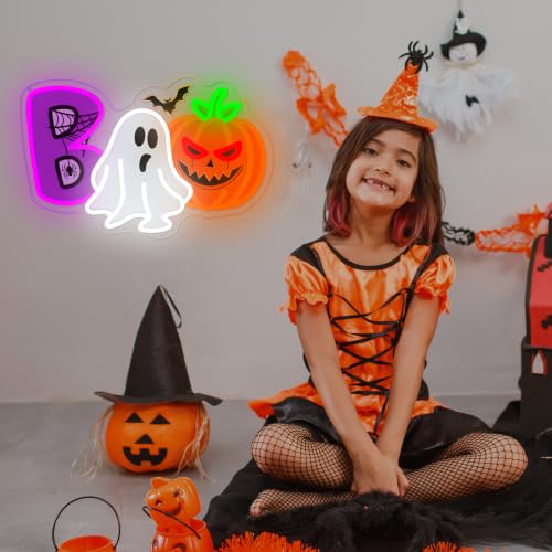 UV Printed Ghost Pumpkin Halloween Neon Sign Dimmable Cute Witch Hat Ghost LED Neon Light for Bedroom Game Room Halloween Party Home Decoration
