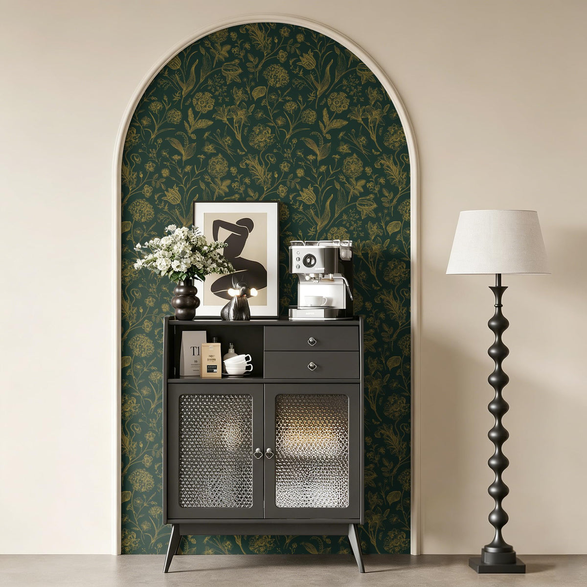 Dark Green and Gold Floral Peel and Stick Wallpaper 17in x118in (Green/Gold / 17.3" x 118.1")