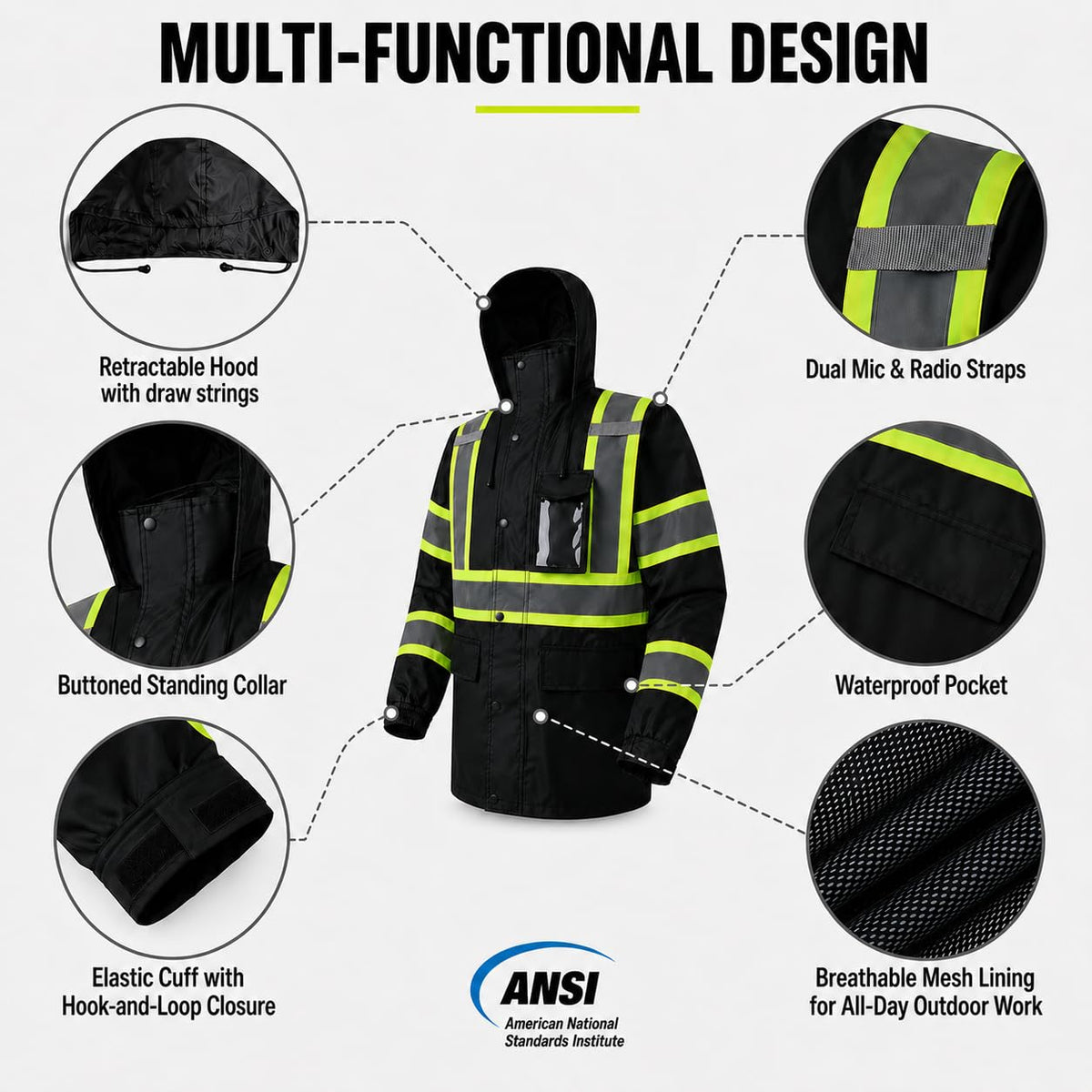 Rain Jacket Men Hi Vis Rain Coats Reflective Raincoat Waterproof High Visibility Work Suits for Men Women（RJ251 (Large / Black)