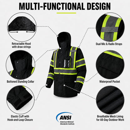 Rain Jacket Men Hi Vis Rain Coats Reflective Raincoat Waterproof High Visibility Work Suits for Men Women（RJ251 (Large / Black)