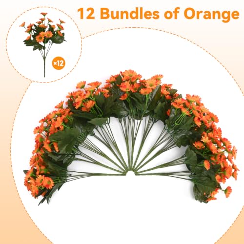 12 Bundles Fake Dasiy Artificial Mums Flowers for Outdoors Decoration (Orange)