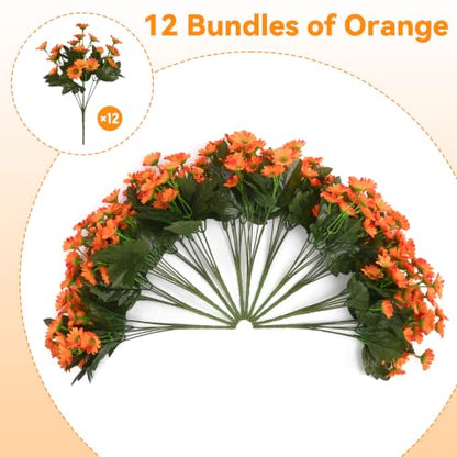 12 Bundles Fake Dasiy Artificial Mums Flowers for Outdoors Decoration (Orange)