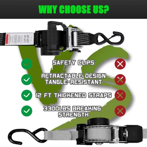 2" x12' Retractable Ratchet Straps 2 Pack 3300LBS