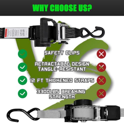 2" x12' Retractable Ratchet Straps 2 Pack 3300LBS