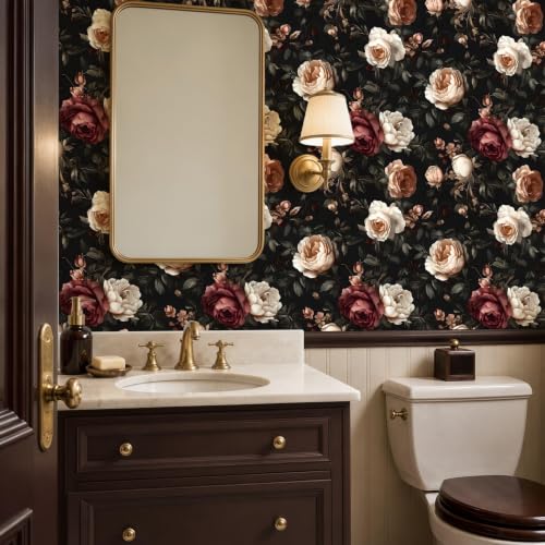 Vintage Burgundy Boho Floral Peel and Stick Wallpaper 17.4"x393.5" (Dark Red and Wite / 17.4" x 393.5")