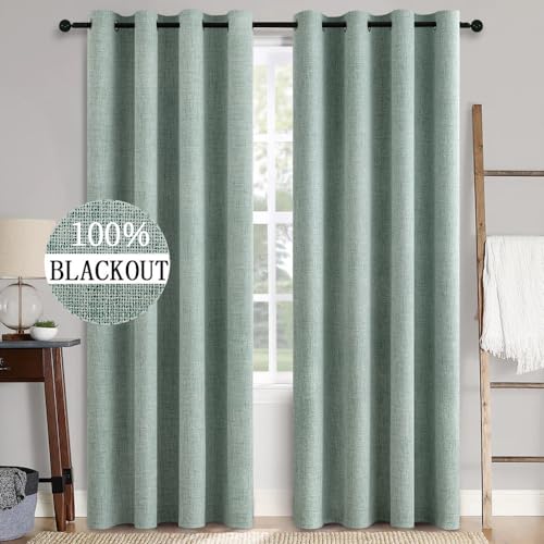 Linen Texture 90 Inches Curtains for Bedroom 100% Blackout Thermal Insulated Seafoam Green Curtains Grommet Room Darkening Drapes for Living Room Nursery 52x90 Inch (Seafoam Green / 52"W x 90"L (Pack of 2))