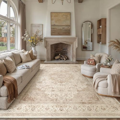 9x12 Beige Washable Area Rug Non Slip Vintage Carpet (Vintage | Beige / 9' x 12' (Rectangular))