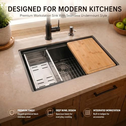 30in Black Stainless Steel Kitchen Sink Single Bowl Undermount
