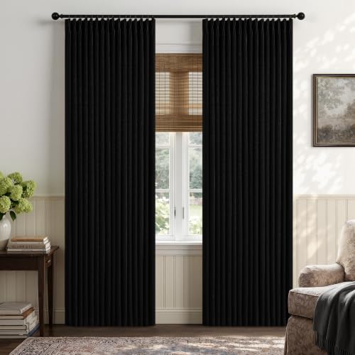 Black Pinch Pleated 100% Blackout Linen Curtains for Bedroom 84 Inch Length (Black / 50"W x 84"L (Pack of 2))
