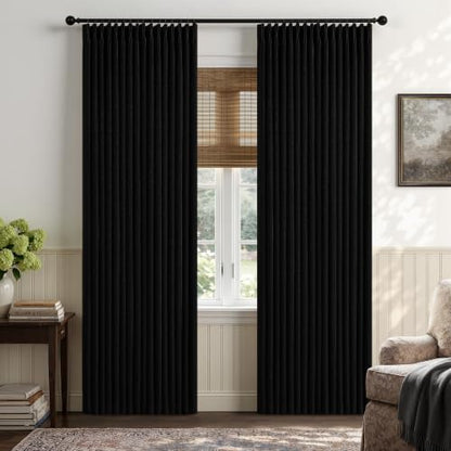 Black Pinch Pleated 100% Blackout Linen Curtains for Bedroom 84 Inch Length (Black / 50"W x 84"L (Pack of 2))