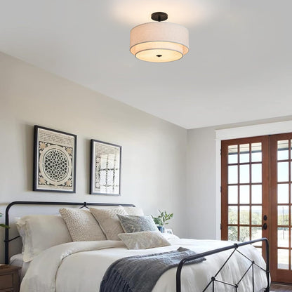 15.7" Ceiling Light Fixture Semi Flush Mount Ceiling Light with Dual Drum Design Classic Fabric Linen Shade Design for Living Room Bedroom Hallway Living Room Kitchen Dining Room Entrywa (Fabric+White+14.9inch+3Light)
