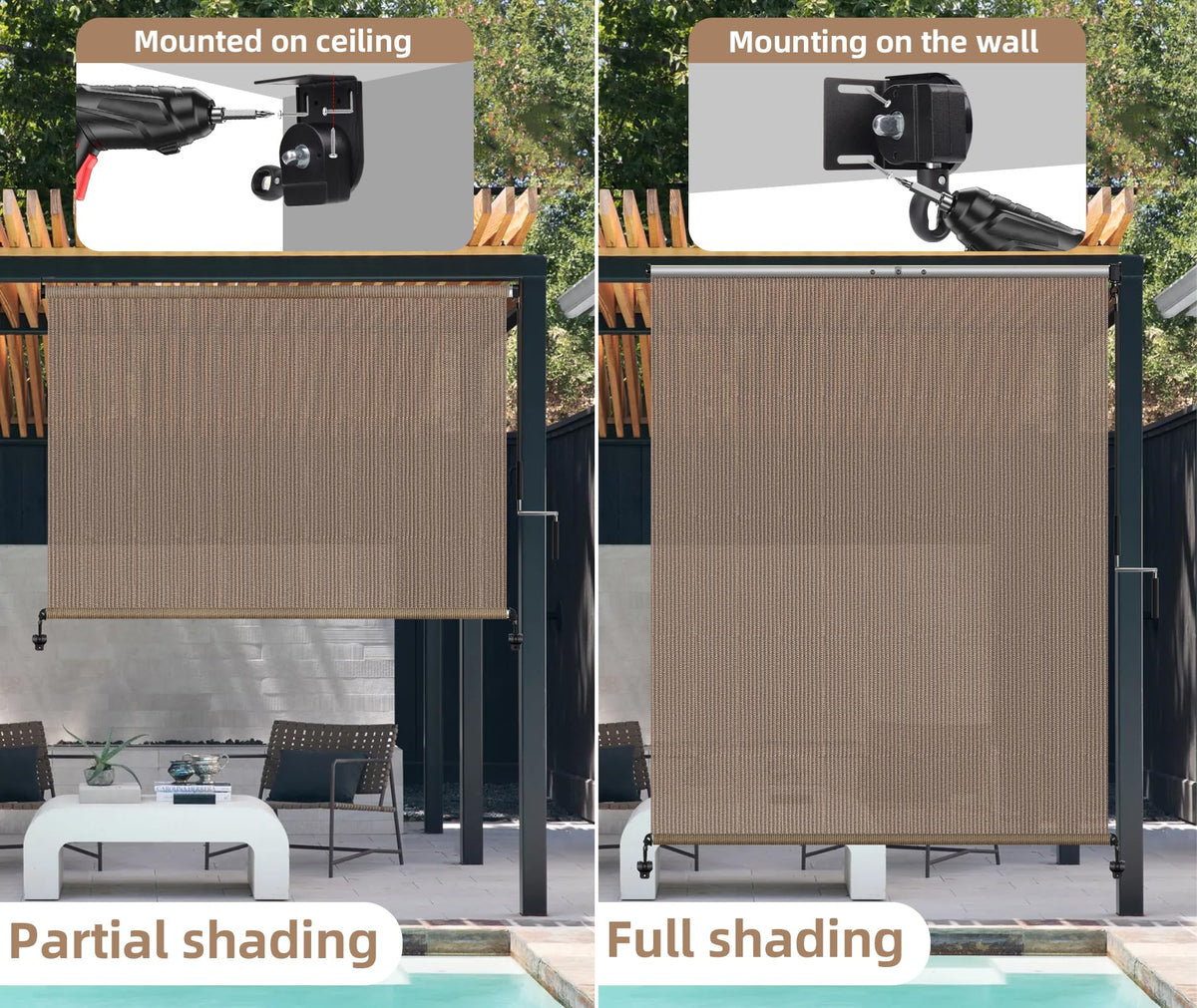 Outdoor Roller Shades (Walnut / 120"W x 96"H)