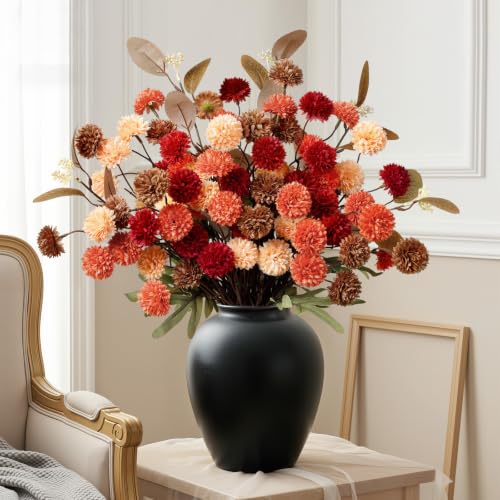 16 PCS Silk Mums Artificial Fall Flowers with Eucalyptus for Vase (Yellow Red Orange Brown)