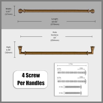 10 Pack Antique Brass Cabinet Pulls 10 Inch (10" Hole Center / Antique Brass)