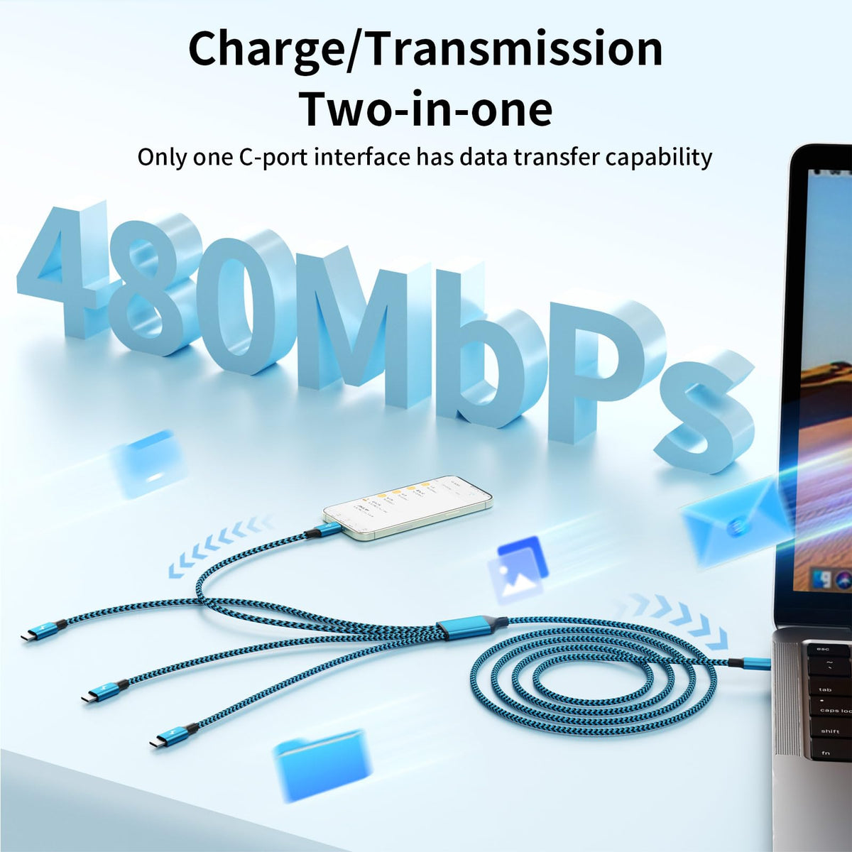 4 in 2 USB C Splitter Charging Cords (Sky Blue)