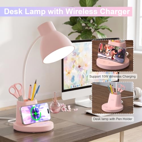 10W Wireless Charging LED Desk Lamp with Pen Holder (Pink)
