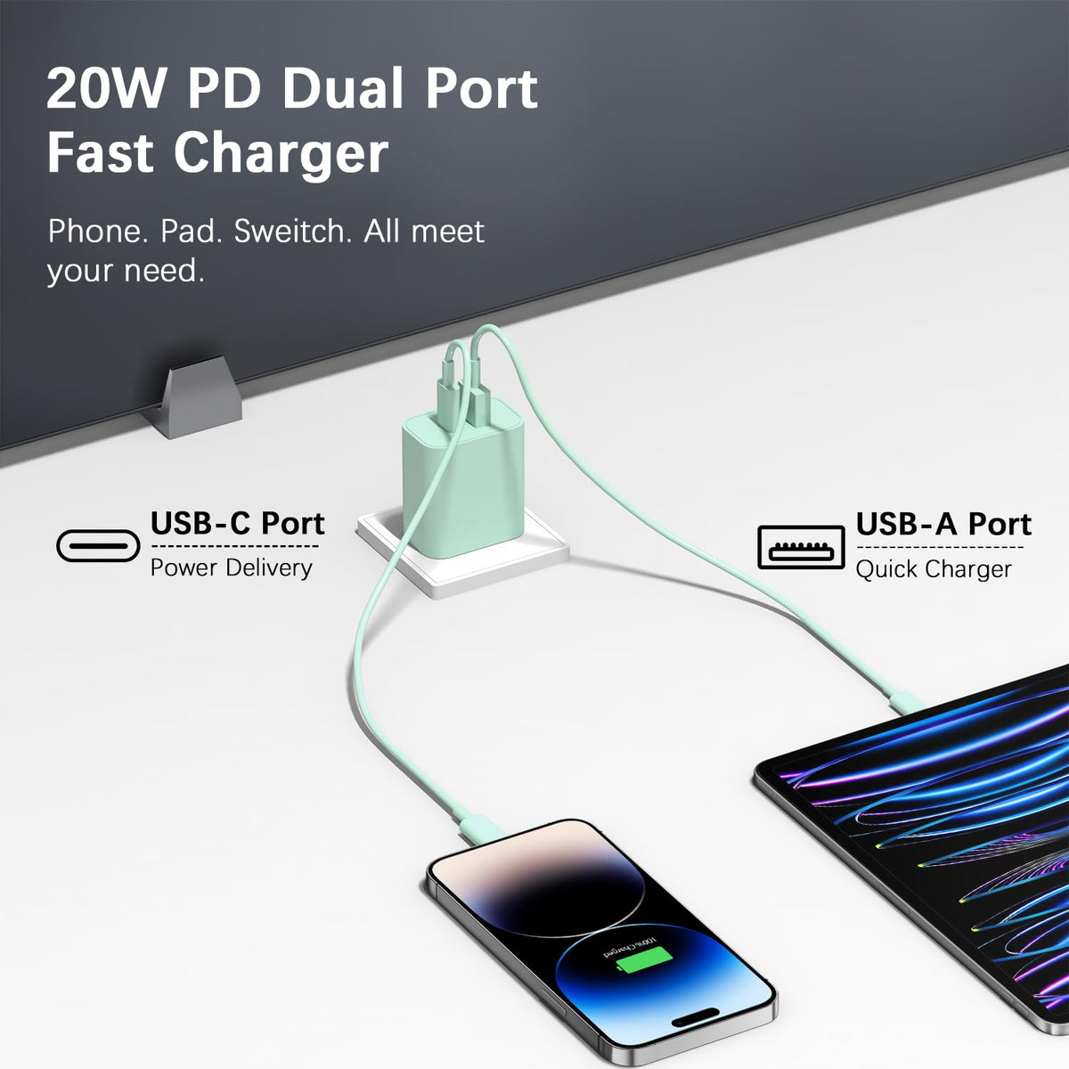 USB C Charger Block Fast Charging Block Type C Charger Multiport Adapter (Green / 20W2Pack)