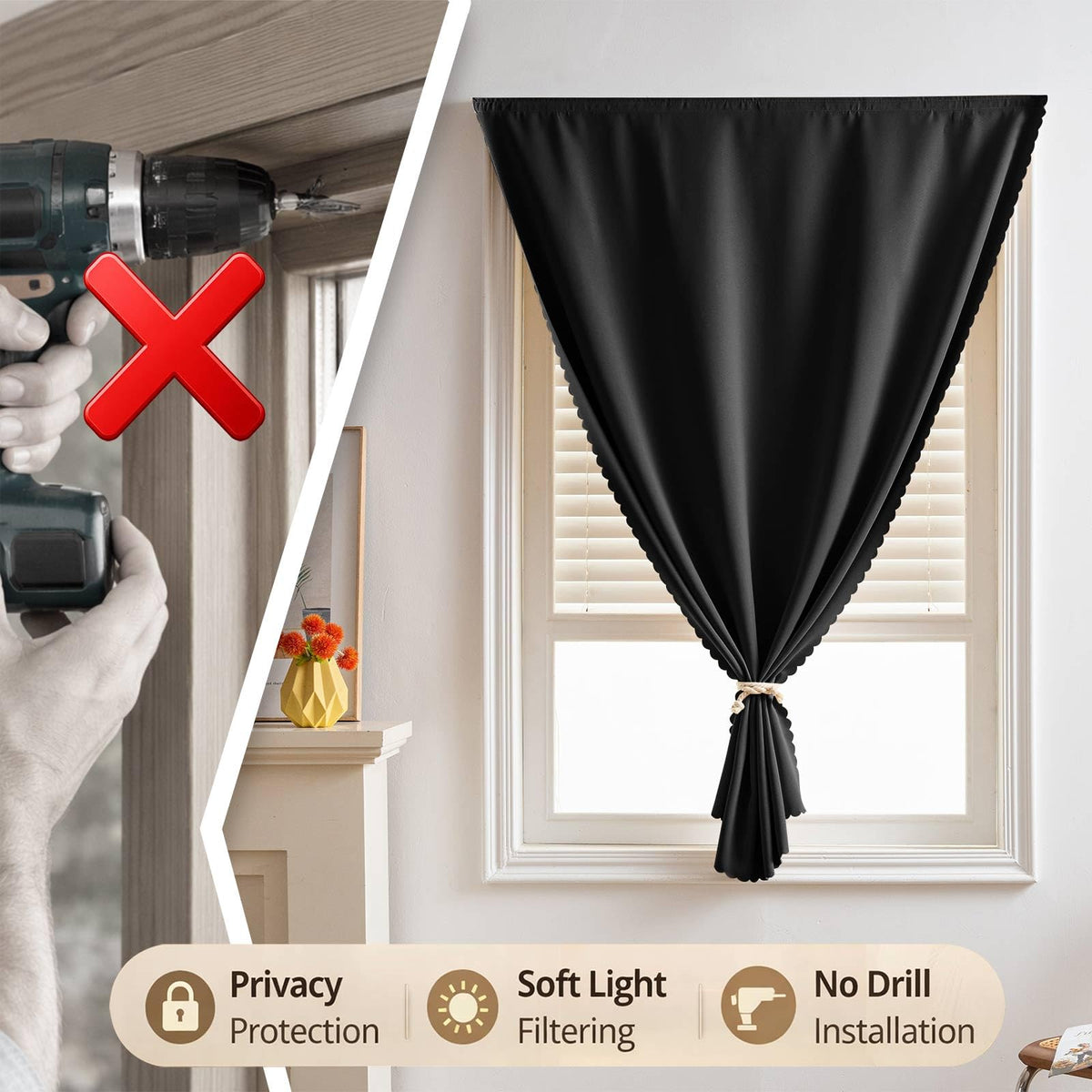 Adhesive Curtain Blackout Curtains for Privacy (Black / 59"W x 59"H)
