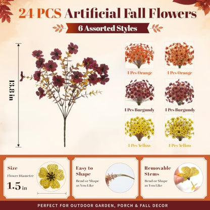 24 PCS Fake Fall Flowers for Outdoors Mums Porch Planter Decor