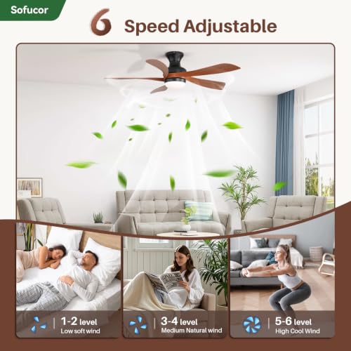 42 Inch Smart Ceiling Fans with Lights and Remote (Black+Brown / 42inch Max)